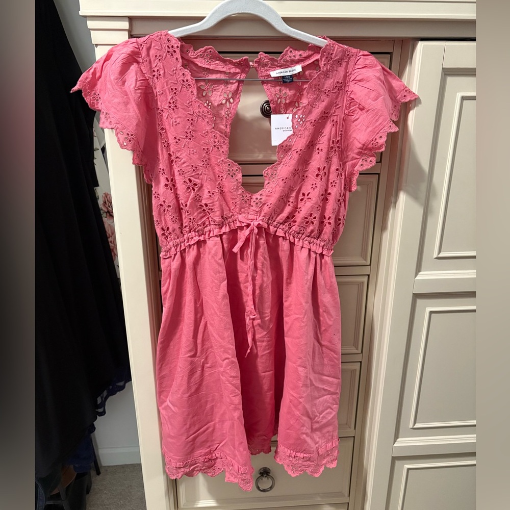American Eagle Outfitters Pink Eyelet Flutter Dress